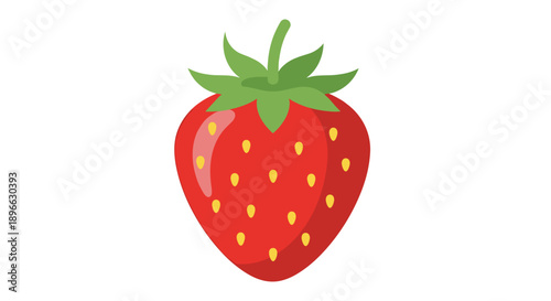 Single ripe strawberry with green leaves.