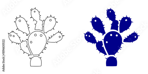 Cute Prickly Pear Cactus Illustration , Outline and Solid Blue Silhouette, Kawaii Desert Plant Character for Kids Coloring Pages, Botanical Nursery Art, Vector Graphic, 4K
