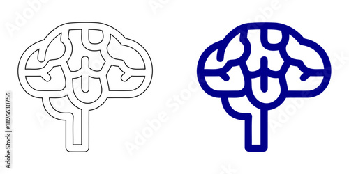 Human Brain and Mind Icon, Outline and Solid Blue Silhouette, Psychology Symbol for Mental Health, Creative Thinking, Neurology Education, Intelligence Vector Graphic, 4K