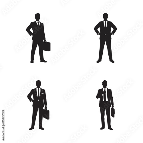 A collection of four black silhouettes representing a confident businessman in different poses on a white background