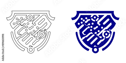 Blue Abstract Cyber Shield Icon , Minimalist Circuit Board Symbol and Outline Digital Security Vector