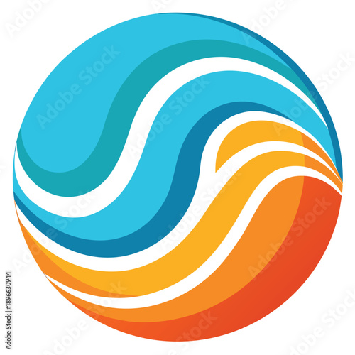 An abstract spherical logo with swirling blue and orange waves.