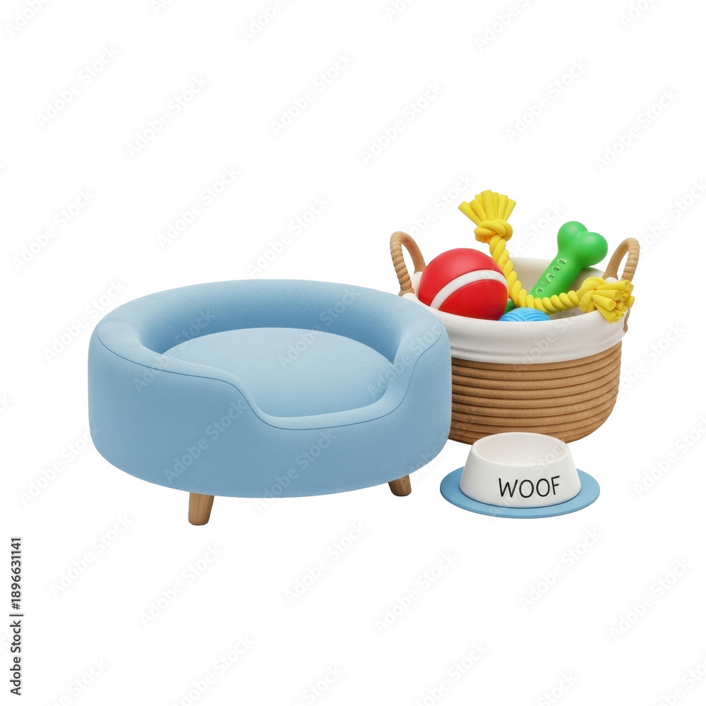 Fototapeta premium Dog toys, bed and bowl with text WOOF