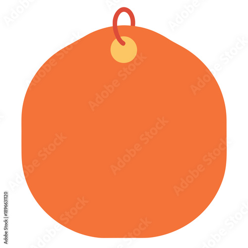 A perfectly round orange price tag with a yellow ring and red string.