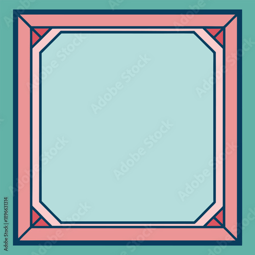 An intricate square frame in green and pink with detailed geometric patterns.