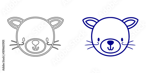 Kawaii Cat Face Icon: Cute Pet Kitten Character Line Art for Feline Branding and Kids Stickers