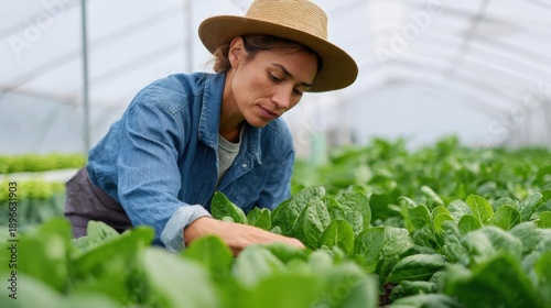 A young woman wearing a straw hat and a denim shirt, working in a greenhouse. she is kneeling in the middle of a large field of green plants, tending to the plants.
