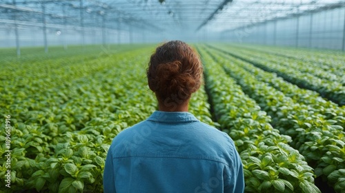 Person standing in the middle of a large greenhouse with rows of green plants. the person is wearing a blue denim shirt and has their back to the camera, facing away from the camera.