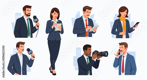 Collection of professional journalists and reporters engaged in various forms of media coverage and communication tasks