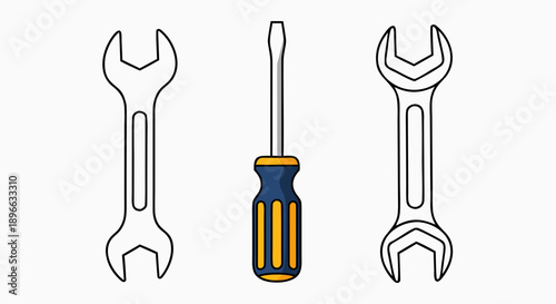 Essential maintenance tools illustrated clearly including two wrenches and one colorful screwdriver