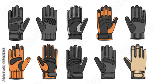 Collection of ten distinct tactical and work gloves illustrated in flat design style