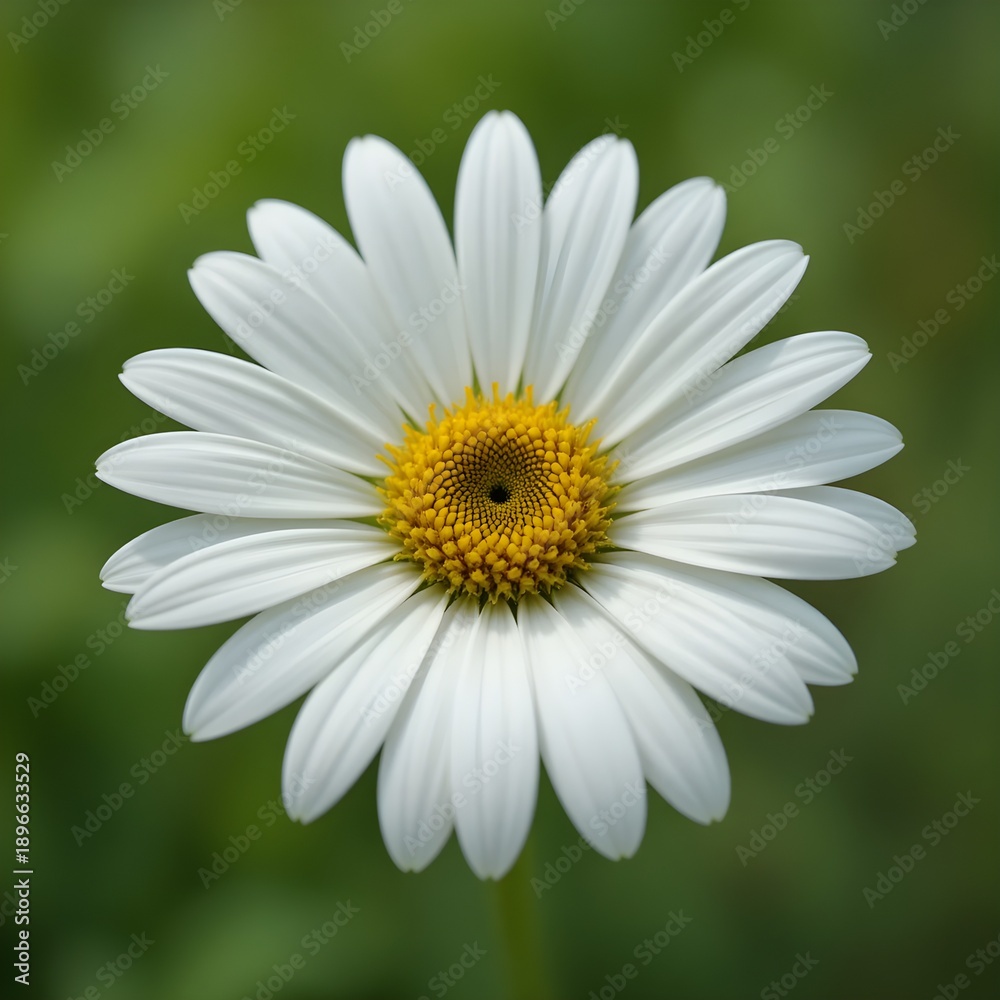 Fototapeta premium “Beautiful White Daisy Flower with Yellow Center in Full Bloom, Macro Close-Up of Fresh Chamomile or Daisy Blossom Isolated Against Soft Green Blurred Background, Spring Nature and Floral Beauty Conce