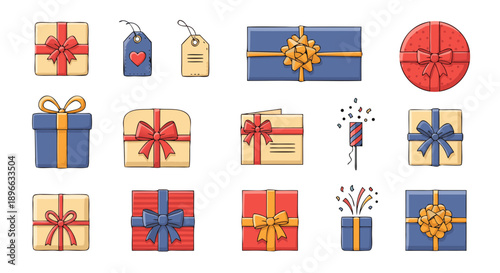 Collection of charming hand drawn gift boxes ribbons tags and festive crackers perfect for celebrations