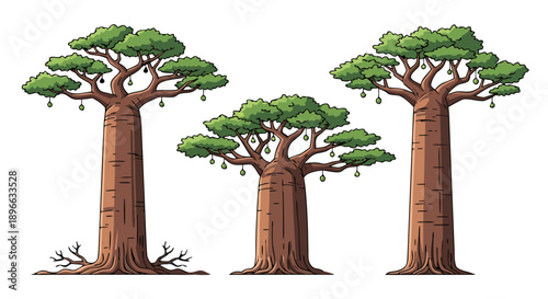 Three stylized cartoon baobab trees with large trunks and green leafy canopies isolated on white