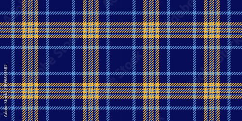 Naked textile tartan vector, stylish background seamless texture. Simple plaid check fabric pattern in blue and amber colors.