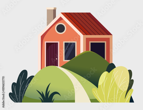 Cozy suburban house on green hills. Tiled roof, chimney and pathway leading to home. Minimal cartoon illustration