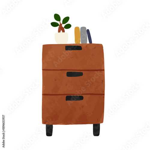 観葉植物と本を飾ったチェスト　水彩風ベクター手描きイラスト