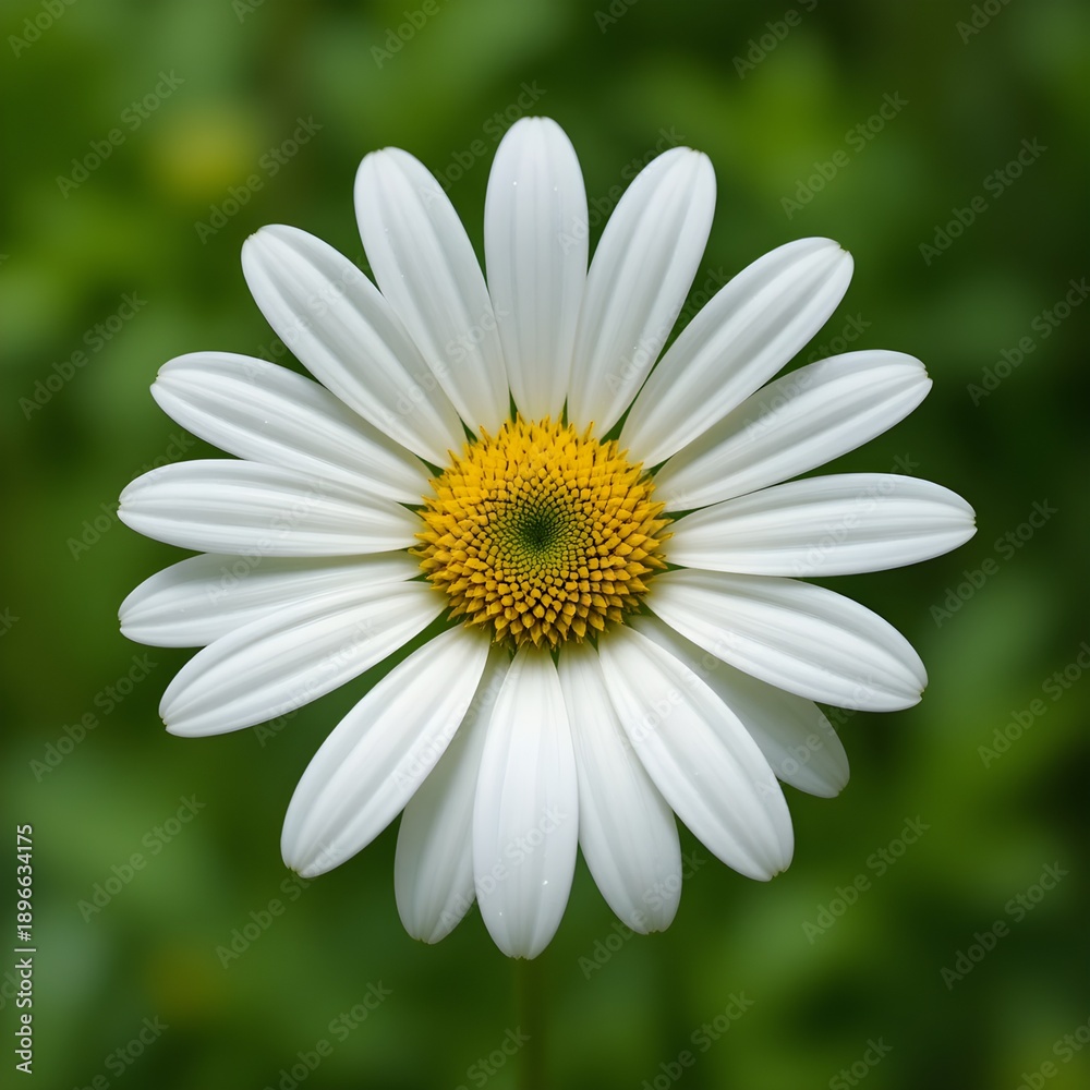 Fototapeta premium “Beautiful White Daisy Flower with Yellow Center in Full Bloom, Macro Close-Up of Fresh Chamomile or Daisy Blossom Isolated Against Soft Green Blurred Background, Spring Nature and Floral Beauty Conce