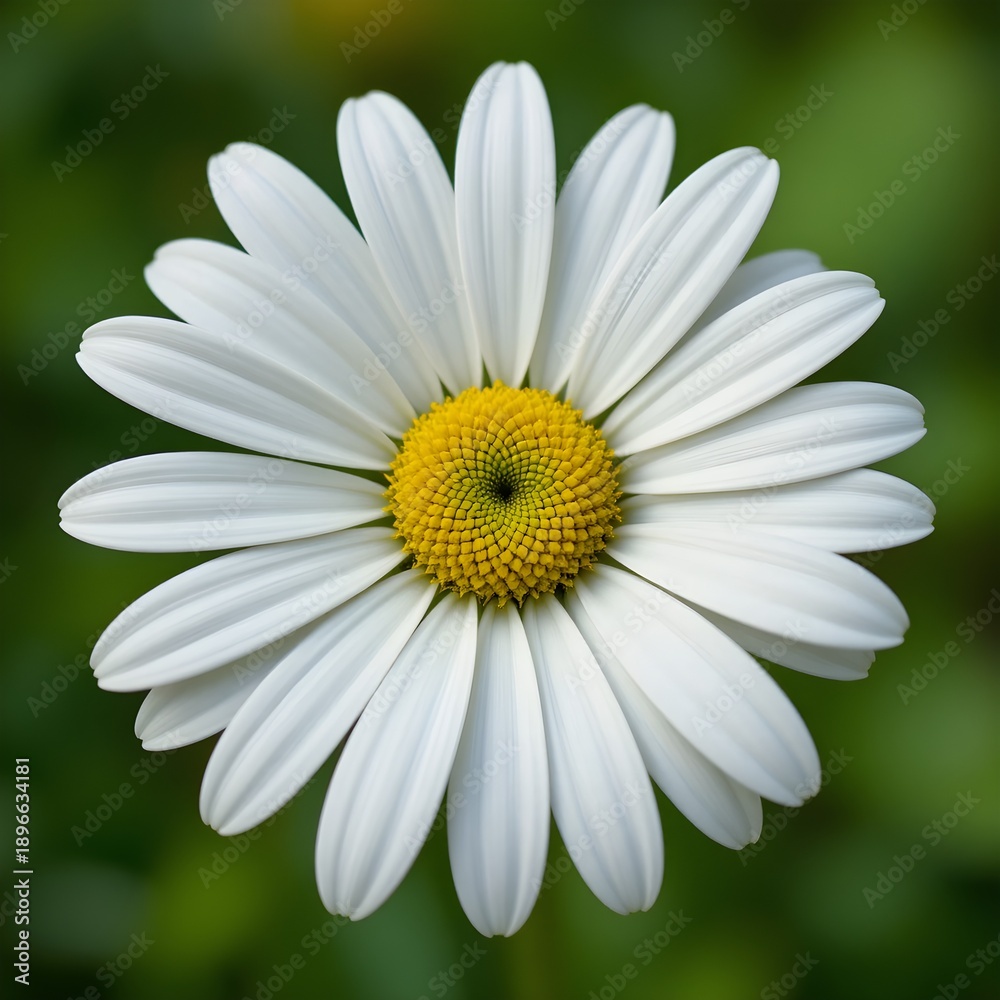 Fototapeta premium “Beautiful White Daisy Flower with Yellow Center in Full Bloom, Macro Close-Up of Fresh Chamomile or Daisy Blossom Isolated Against Soft Green Blurred Background, Spring Nature and Floral Beauty Conce