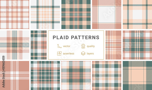 This elegant seamless plaid pattern features soft shades of dusty rose and cream. It is perfect for cozy textile designs, rustic branding, and timeless highend home decor projects.