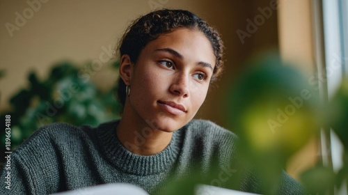 Close-up portrait of a young woman sitting at a table with a laptop in front of her. she is wearing a gray sweater and has her hair styled in loose curls.