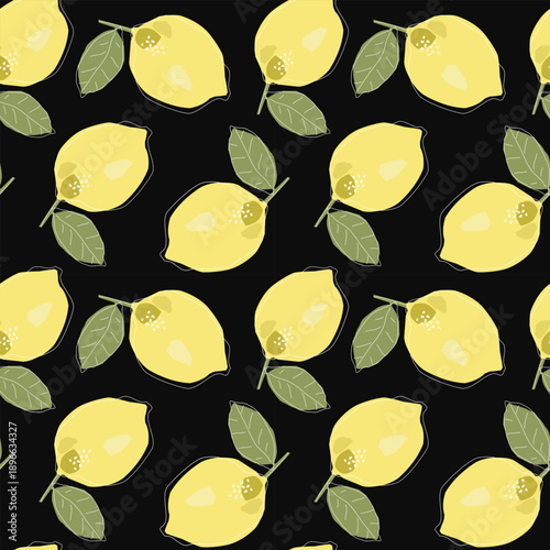Vector seamless pattern with hand-drawn yellow lemons and green leaves on a black background. Fresh citrus fruit texture for stylish kitchen textiles and summer decor.