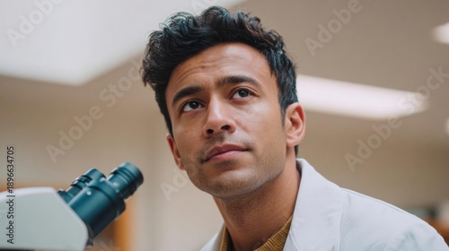 Close-up portrait of a young man looking up at a microscope. he is wearing a white lab coat and a gold necklace.