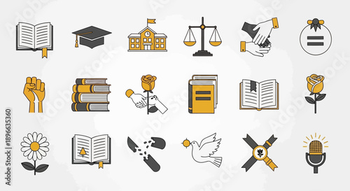 A collection of flat design icons representing social justice, education, human rights, peace, and advocacy, including books, scales, fists, doves, and equality symbols.