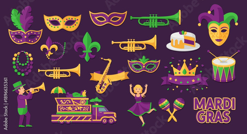 Vibrant collection of Mardi Gras celebration elements including masks, musical instruments, beads, and parade items on a purple background.