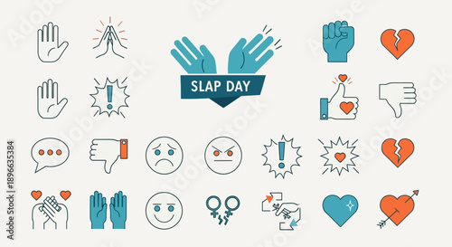 A collection of diverse line art icons representing various emotions, social interactions, and reactions, including hands, hearts, and facial expressions.