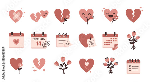 A collection of flat design Valentine's Day icons featuring various hearts, calendars, and flower bouquets, symbolizing love and relationships.
