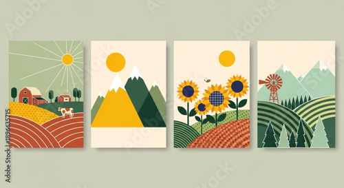 countryside landscapes with rolling hills, farms, mountains, and sunflowers evoke a sense of rural charm and natural beauty
