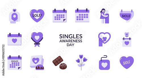 A collection of purple-themed flat icons for Singles Awareness Day, featuring hearts, calendars, chocolates, flowers, and gifts, representing self-love and celebration.