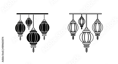 Asian lanterns hanging decoration set Vector
