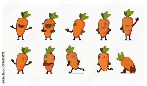Funny Cartoon Carrot Character Vector Set with Cute Vegetable Mascots