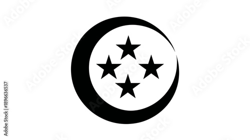 A stark, minimalist emblem with a crescent framing four centered, pentagonal stars