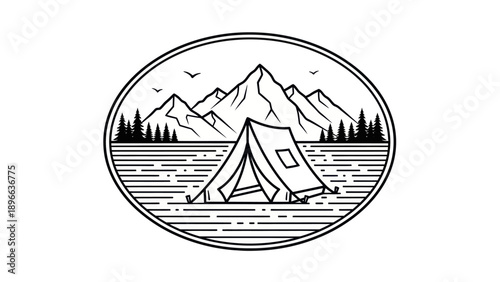 Camping Tent in Mountain Landscape Line Art Illustration.