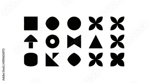 Collection of Black Geometric Shapes and Icons on White Background.