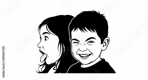 Black and white illustration of a girl sticking her tongue out and a boy smiling.