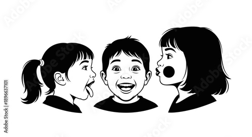 Vector illustration of three children making different facial expressions.