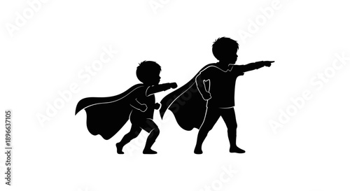 Two young boys dressed as superheroes in silhouette, isolated on white.