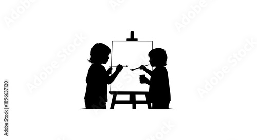 Silhouette of two children painting on a canvas, creative activity.