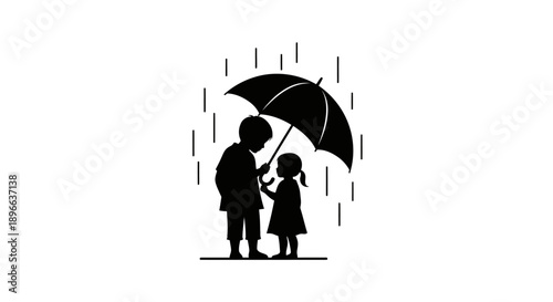 Silhouette of a boy holding an umbrella over a girl in the rain.