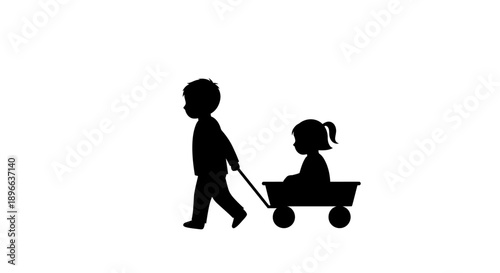 Silhouette of a boy pulling a girl in a wagon, symbolizing childhood and play.