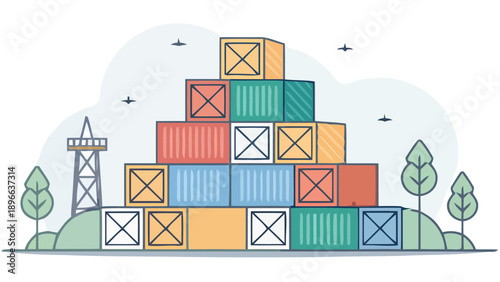 Vibrant shipping container pyramid stacked high with colorful blocks