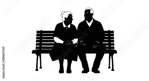 Silhouette of elderly couple sitting on a bench in black and white.