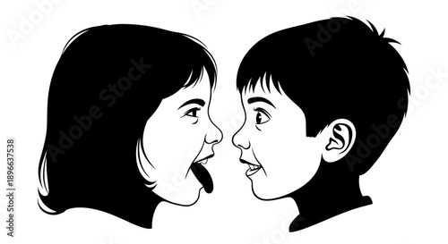 Illustration of a girl sticking her tongue out at a boy, in black and white.