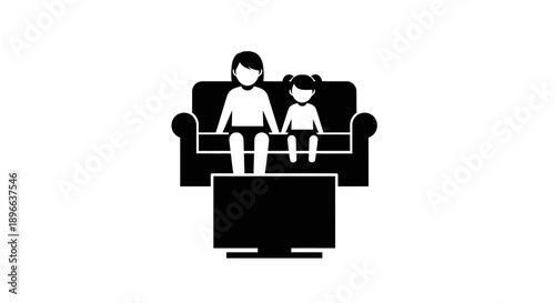 A mother and daughter are sitting on the sofa watching television together.
