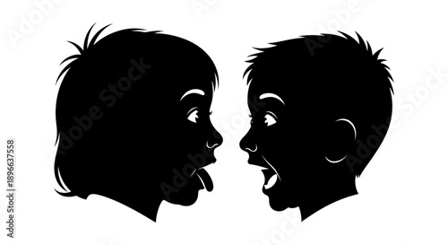 Silhouette illustration of two children talking and expressing emotions.