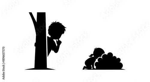 Silhouette illustration of children playing hide and seek in a park.